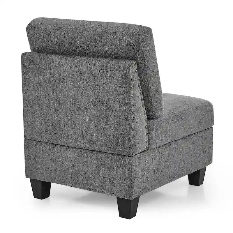 Szara sofa narożna 116-osobowa z 6 miejscami siedzącymi, krzesłami i schowkiem