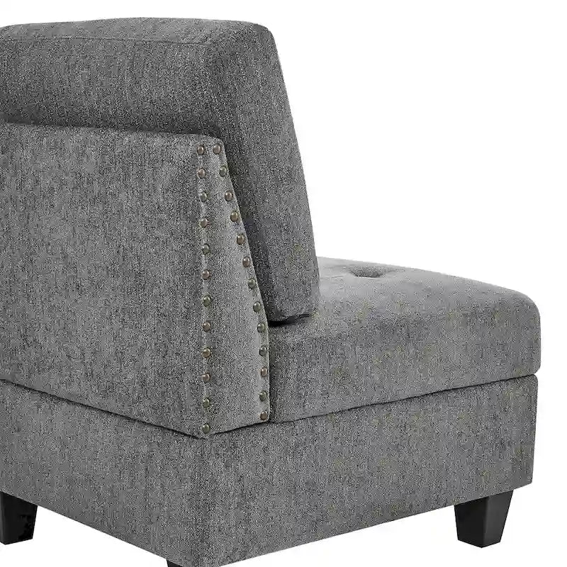 Szara sofa narożna 116-osobowa z 6 miejscami siedzącymi, krzesłami i schowkiem