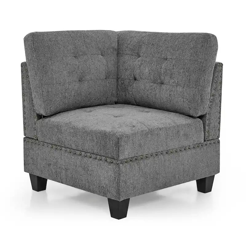 Szara sofa narożna 116-osobowa z 6 miejscami siedzącymi, krzesłami i schowkiem