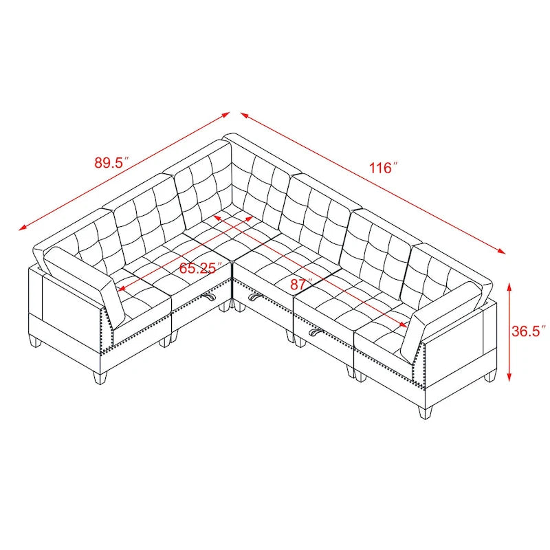 Szara sofa narożna 116-osobowa z 6 miejscami siedzącymi, krzesłami i schowkiem