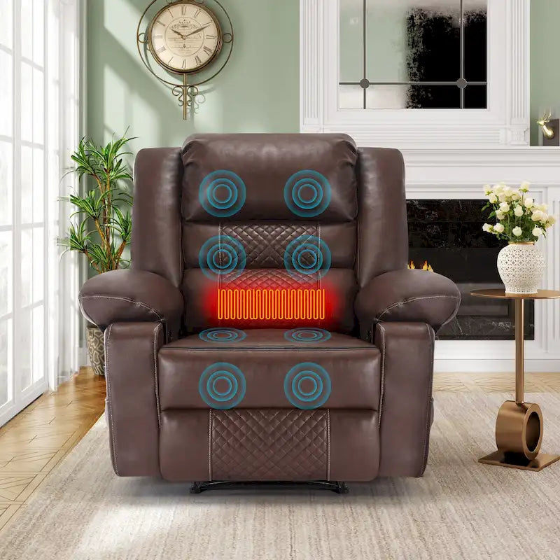 Brown Manual Leather Massage Recliner with 8-Point Vibration, Lumbar Heating, and Multi-Reclining Options