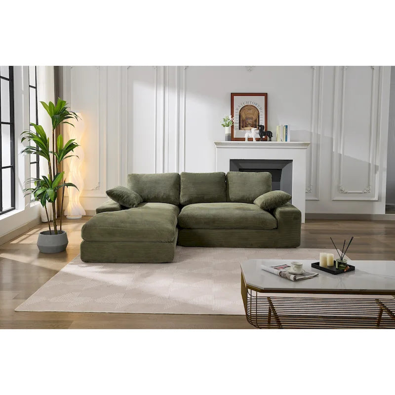 Zielona modułowa sofa narożna w kształcie litery L dla 4 osób z szezlongiem, nowoczesnym designem i wygodnymi poduszkami z pianki o wysokiej sprężystości, 98.4 L
