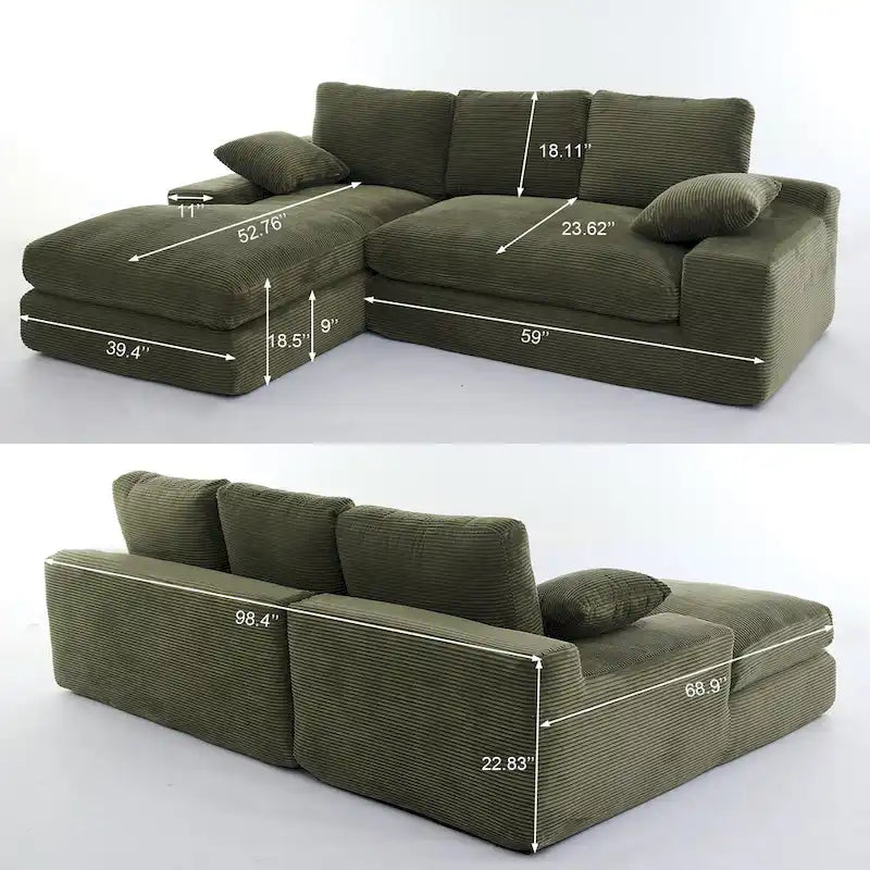 Zielona modułowa sofa narożna w kształcie litery L dla 4 osób z szezlongiem, nowoczesnym designem i wygodnymi poduszkami z pianki o wysokiej sprężystości, 98.4 L