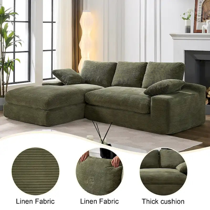 Zielona modułowa sofa narożna w kształcie litery L dla 4 osób z szezlongiem, nowoczesnym designem i wygodnymi poduszkami z pianki o wysokiej sprężystości, 98.4 L
