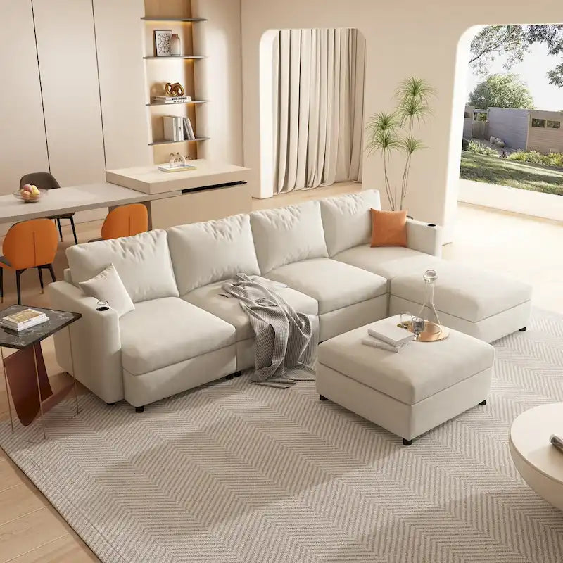 Biała modułowa sofa narożna w kształcie litery U dla 4 osób ze schowkami, łatwy montaż i transport