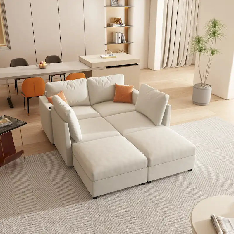 Biała modułowa sofa narożna w kształcie litery U dla 4 osób ze schowkami, łatwy montaż i transport