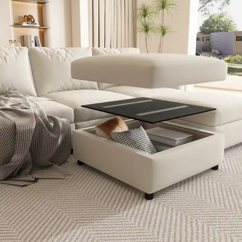 Biała modułowa sofa narożna w kształcie litery U dla 4 osób ze schowkami, łatwy montaż i transport