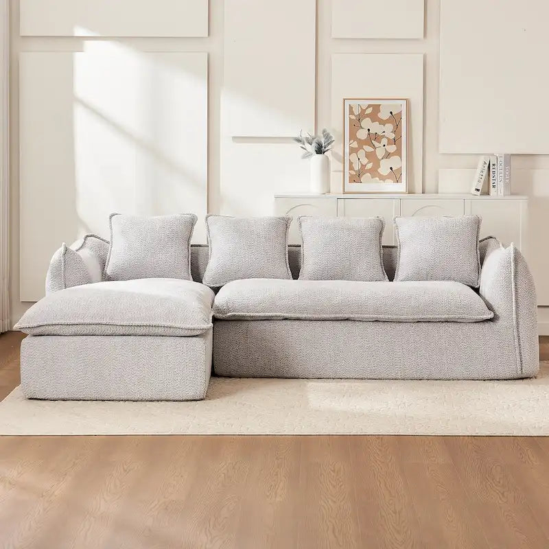 106,3 cala: Sofa narożna w kształcie litery „L” z 3 miejscami, szezlongiem i 4 poduszkami