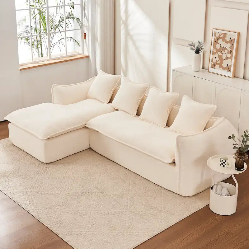 106,3 cala: Sofa narożna w kształcie litery „L” z 3 miejscami, szezlongiem i 4 poduszkami