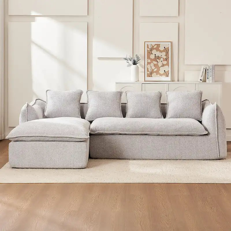 106,3 cala: Sofa narożna w kształcie litery „L” z 3 miejscami, szezlongiem i 4 poduszkami