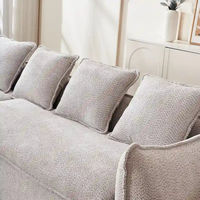 106,3 cala: Sofa narożna w kształcie litery „L” z 3 miejscami, szezlongiem i 4 poduszkami