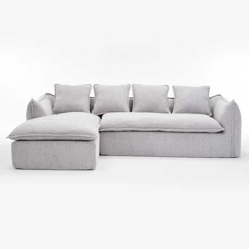 106,3 cala: Sofa narożna w kształcie litery „L” z 3 miejscami, szezlongiem i 4 poduszkami