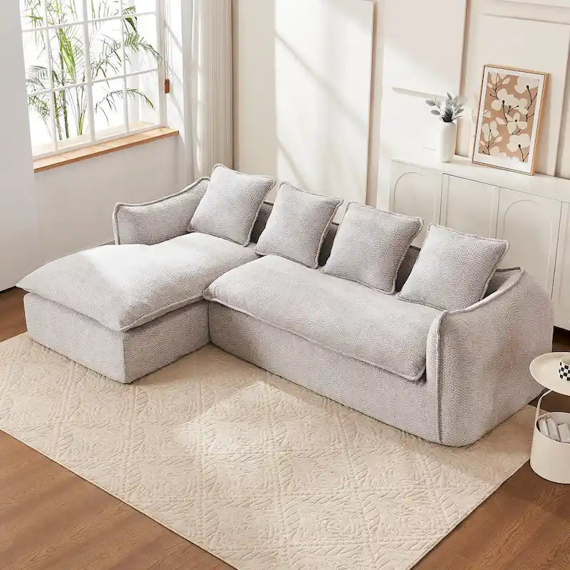 106,3 cala: Sofa narożna w kształcie litery „L” z 3 miejscami, szezlongiem i 4 poduszkami
