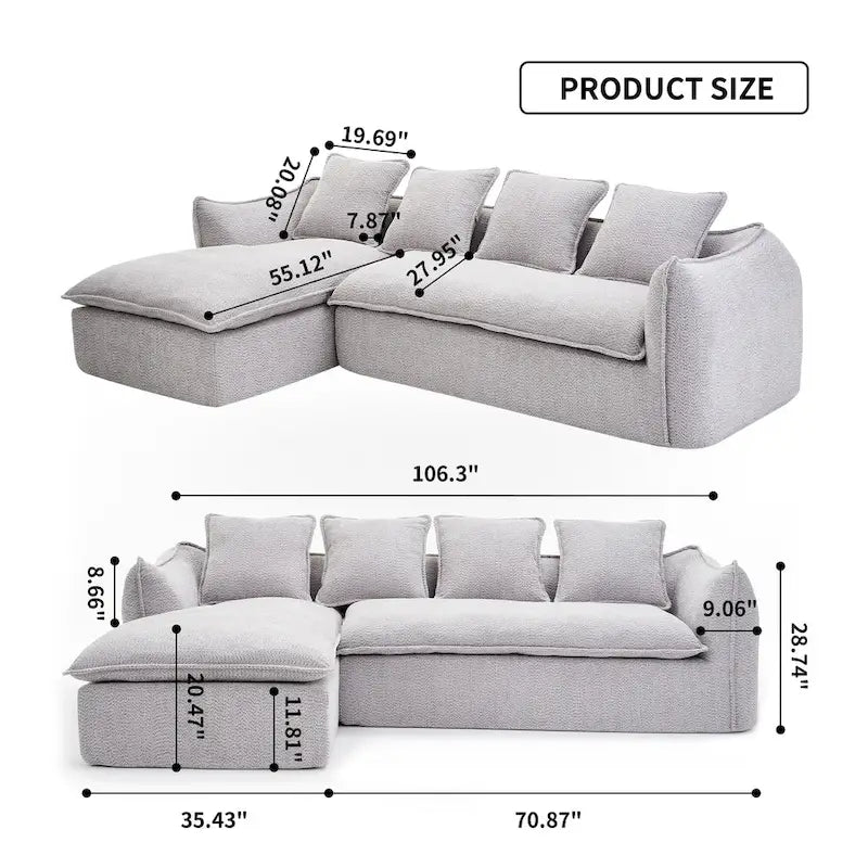 106,3 cala: Sofa narożna w kształcie litery „L” z 3 miejscami, szezlongiem i 4 poduszkami