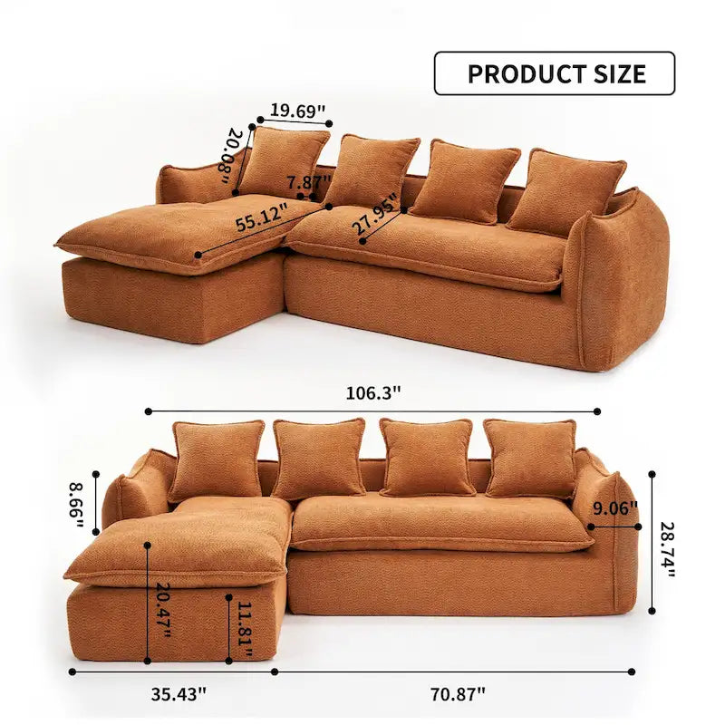 106,3 cala: Sofa narożna w kształcie litery „L” z 3 miejscami, szezlongiem i 4 poduszkami