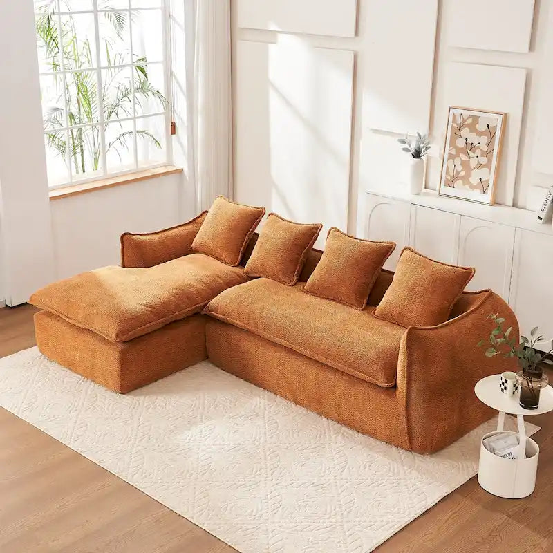 106,3 cala: Sofa narożna w kształcie litery „L” z 3 miejscami, szezlongiem i 4 poduszkami