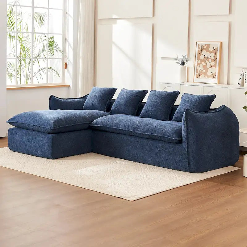 106,3 cala: Sofa narożna w kształcie litery „L” z 3 miejscami, szezlongiem i 4 poduszkami