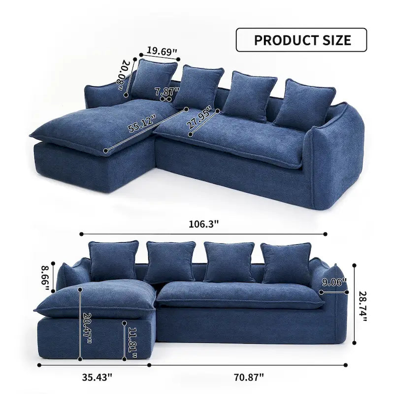 106,3 cala: Sofa narożna w kształcie litery „L” z 3 miejscami, szezlongiem i 4 poduszkami