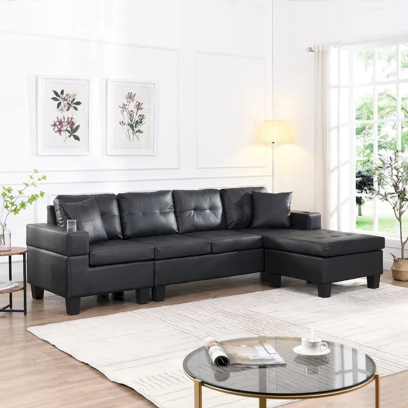 Czarna, nowoczesna narożna sofa modułowa w kształcie litery L, 4-osobowa, z leżanką, uchwytami na kubki i poduszkami dekoracyjnymi, 96,06 cm