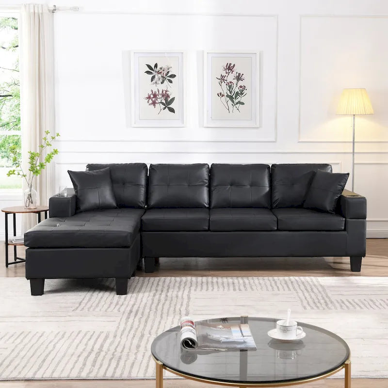Czarna, nowoczesna narożna sofa modułowa w kształcie litery L, 4-osobowa, z leżanką, uchwytami na kubki i poduszkami dekoracyjnymi, 96,06 cm