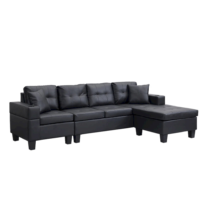 Czarna, nowoczesna narożna sofa modułowa w kształcie litery L, 4-osobowa, z leżanką, uchwytami na kubki i poduszkami dekoracyjnymi, 96,06 cm