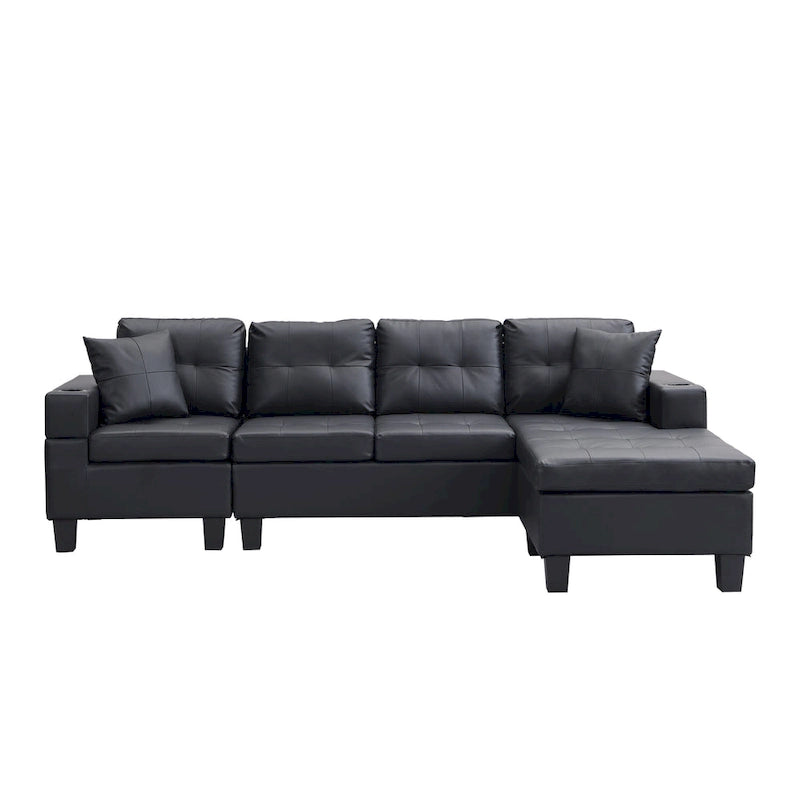 Czarna, nowoczesna narożna sofa modułowa w kształcie litery L, 4-osobowa, z leżanką, uchwytami na kubki i poduszkami dekoracyjnymi, 96,06 cm