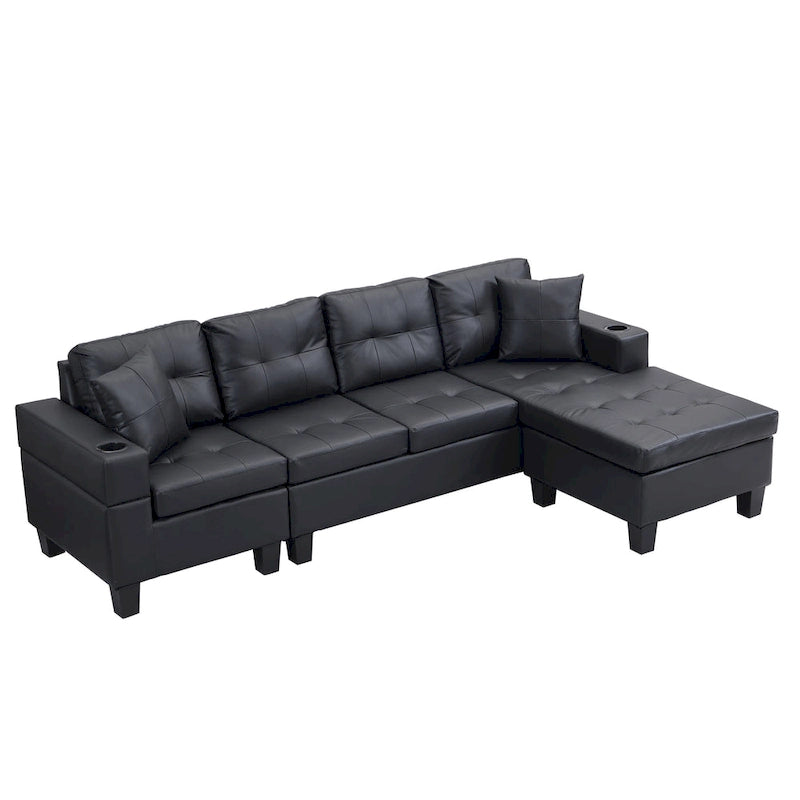 Czarna, nowoczesna narożna sofa modułowa w kształcie litery L, 4-osobowa, z leżanką, uchwytami na kubki i poduszkami dekoracyjnymi, 96,06 cm