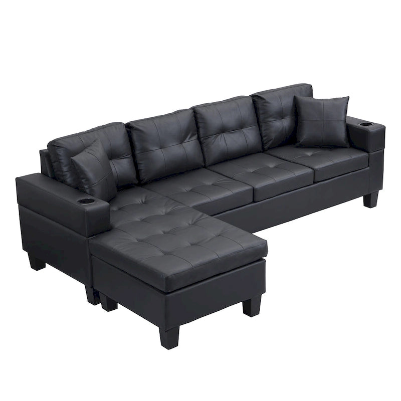 Czarna, nowoczesna narożna sofa modułowa w kształcie litery L, 4-osobowa, z leżanką, uchwytami na kubki i poduszkami dekoracyjnymi, 96,06 cm