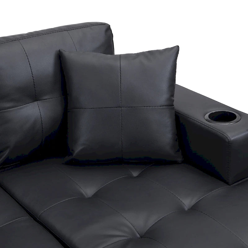 Czarna, nowoczesna narożna sofa modułowa w kształcie litery L, 4-osobowa, z leżanką, uchwytami na kubki i poduszkami dekoracyjnymi, 96,06 cm