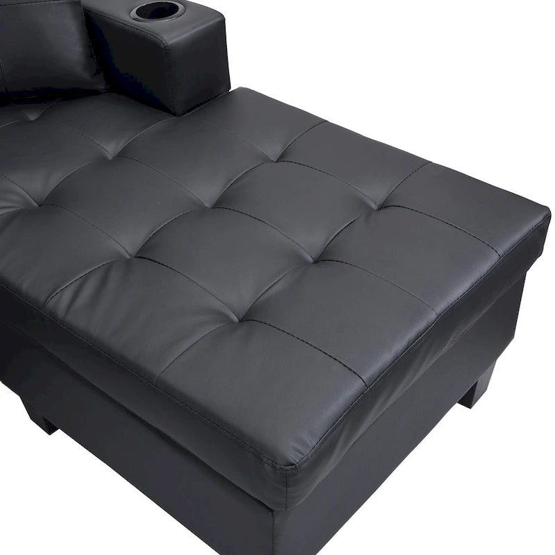 Czarna, nowoczesna narożna sofa modułowa w kształcie litery L, 4-osobowa, z leżanką, uchwytami na kubki i poduszkami dekoracyjnymi, 96,06 cm