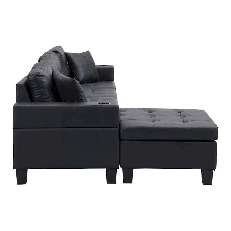 Czarna, nowoczesna narożna sofa modułowa w kształcie litery L, 4-osobowa, z leżanką, uchwytami na kubki i poduszkami dekoracyjnymi, 96,06 cm