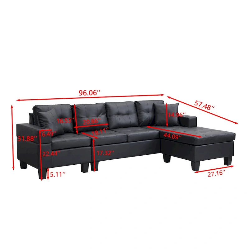 Czarna, nowoczesna narożna sofa modułowa w kształcie litery L, 4-osobowa, z leżanką, uchwytami na kubki i poduszkami dekoracyjnymi, 96,06 cm
