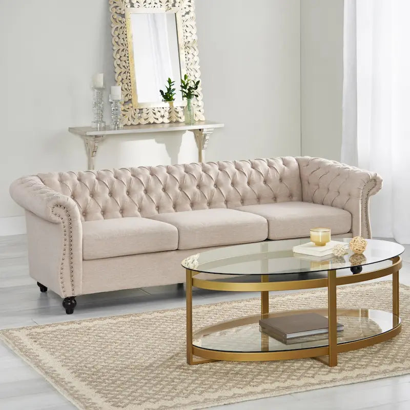 Beżowa trzyosobowa sofa Chesterfield z pikowaniem i nitami