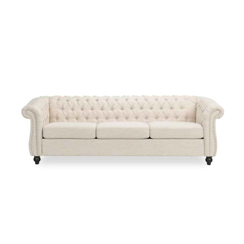 Beżowa trzyosobowa sofa Chesterfield z pikowaniem i nitami
