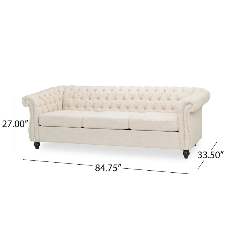 Beżowa trzyosobowa sofa Chesterfield z pikowaniem i nitami
