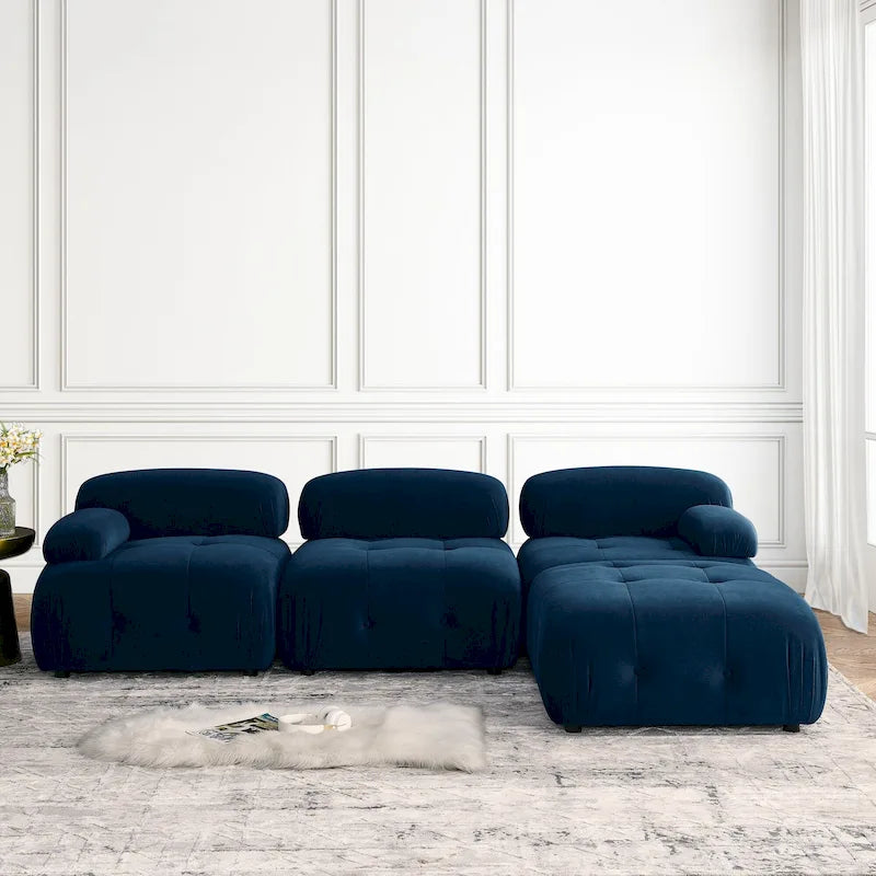 Niebieska modułowa sofa narożna L-kształtna dla 4 osób z odwracalnym pufem, model 93