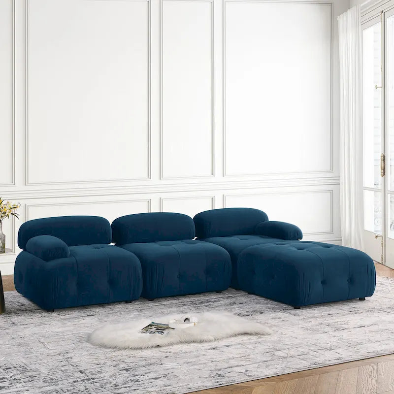 Niebieska modułowa sofa narożna L-kształtna dla 4 osób z odwracalnym pufem, model 93