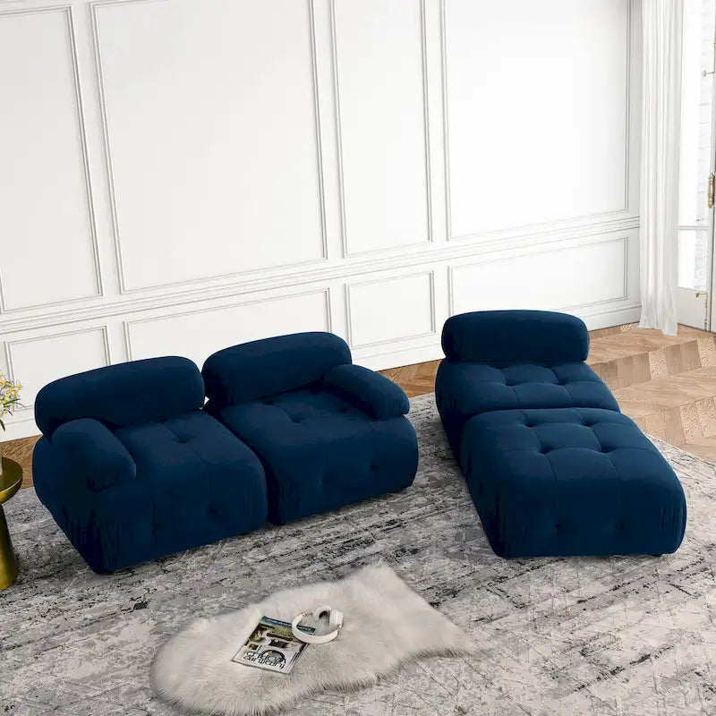 Niebieska modułowa sofa narożna L-kształtna dla 4 osób z odwracalnym pufem, model 93