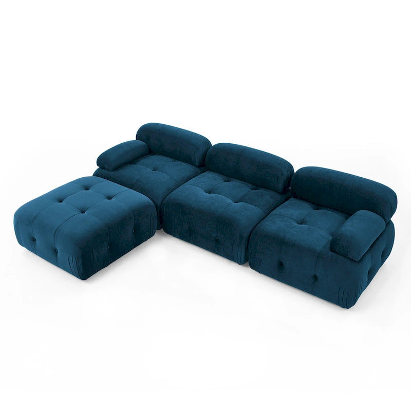 Niebieska modułowa sofa narożna L-kształtna dla 4 osób z odwracalnym pufem, model 93