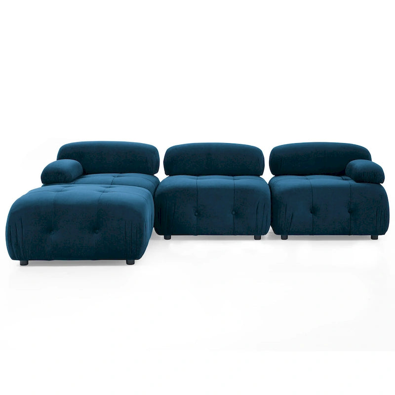 Niebieska modułowa sofa narożna L-kształtna dla 4 osób z odwracalnym pufem, model 93