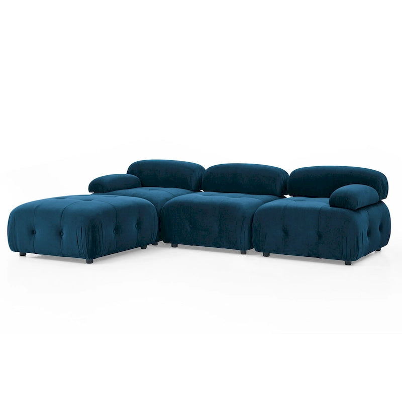 Niebieska modułowa sofa narożna L-kształtna dla 4 osób z odwracalnym pufem, model 93