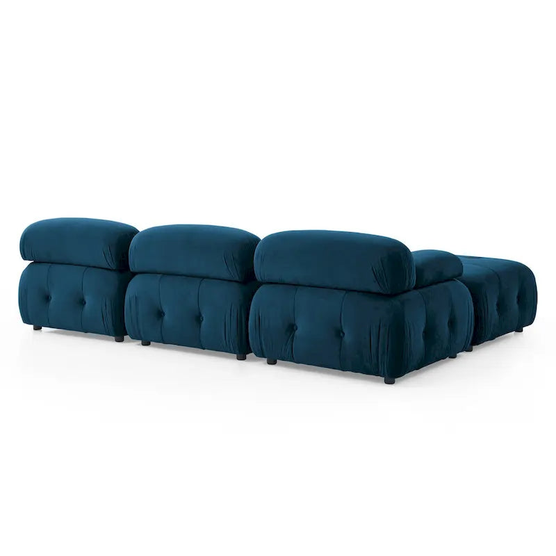 Niebieska modułowa sofa narożna L-kształtna dla 4 osób z odwracalnym pufem, model 93