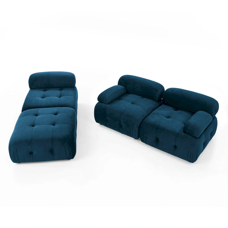 Niebieska modułowa sofa narożna L-kształtna dla 4 osób z odwracalnym pufem, model 93