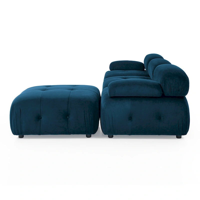 Niebieska modułowa sofa narożna L-kształtna dla 4 osób z odwracalnym pufem, model 93