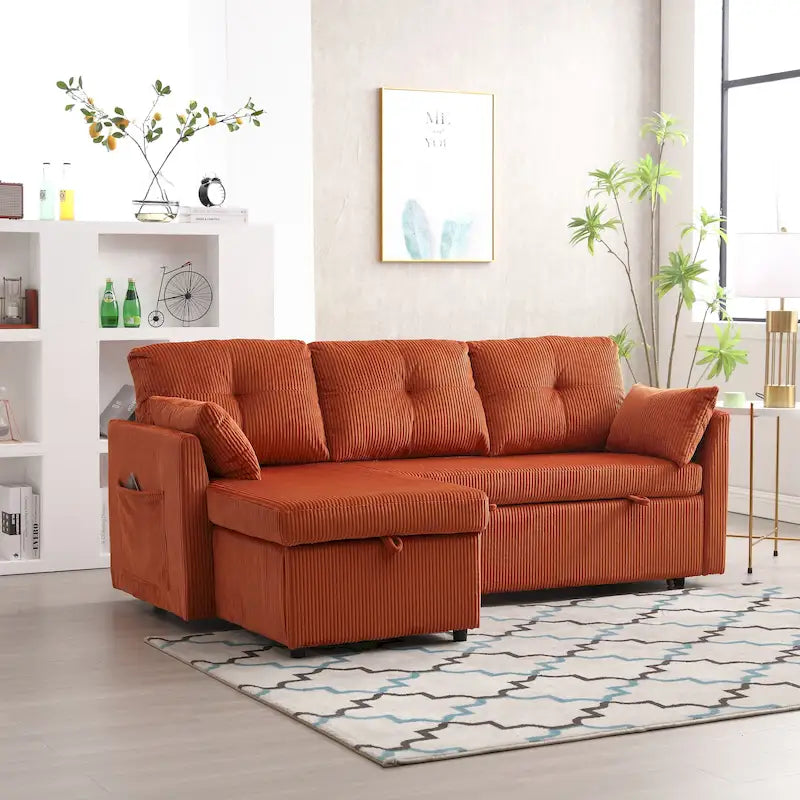 Pomarańczowa sofa narożna z tkaniny 81,1 cala: odwracalny szezlong, schowek, rama z litego drewna i piankowe siedziska