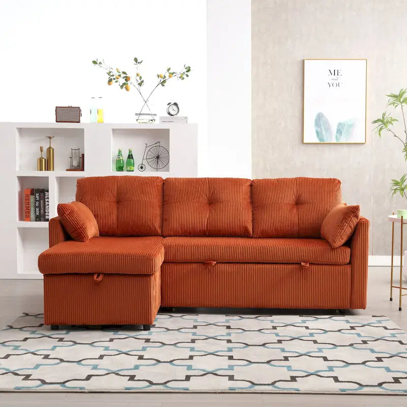 Pomarańczowa sofa narożna z tkaniny 81,1 cala: odwracalny szezlong, schowek, rama z litego drewna i piankowe siedziska