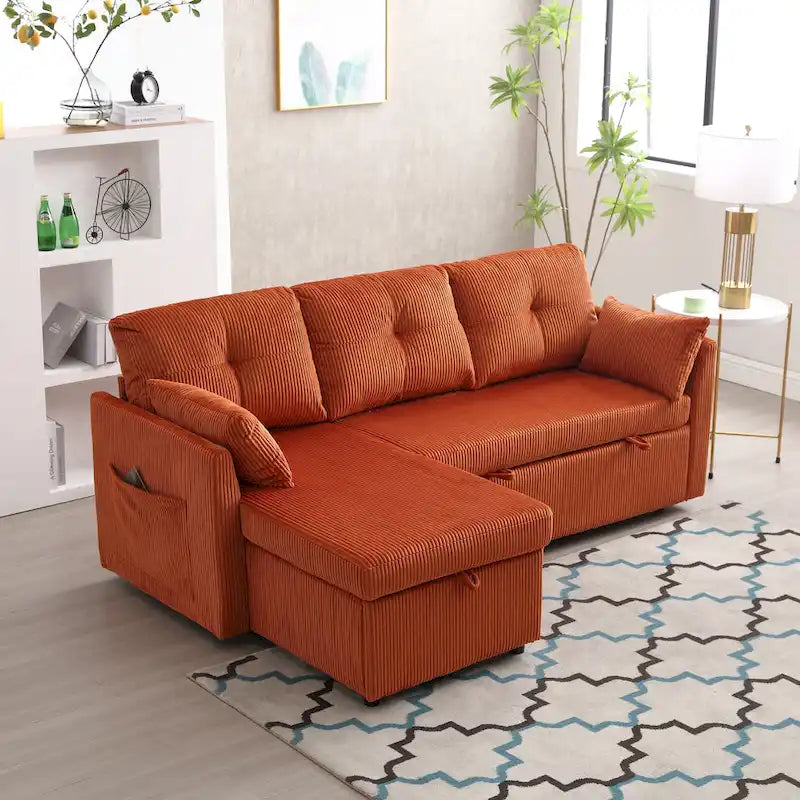Pomarańczowa sofa narożna z tkaniny 81,1 cala: odwracalny szezlong, schowek, rama z litego drewna i piankowe siedziska