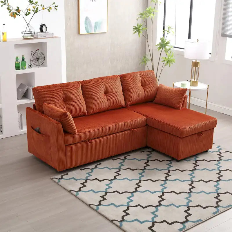 Pomarańczowa sofa narożna z tkaniny 81,1 cala: odwracalny szezlong, schowek, rama z litego drewna i piankowe siedziska