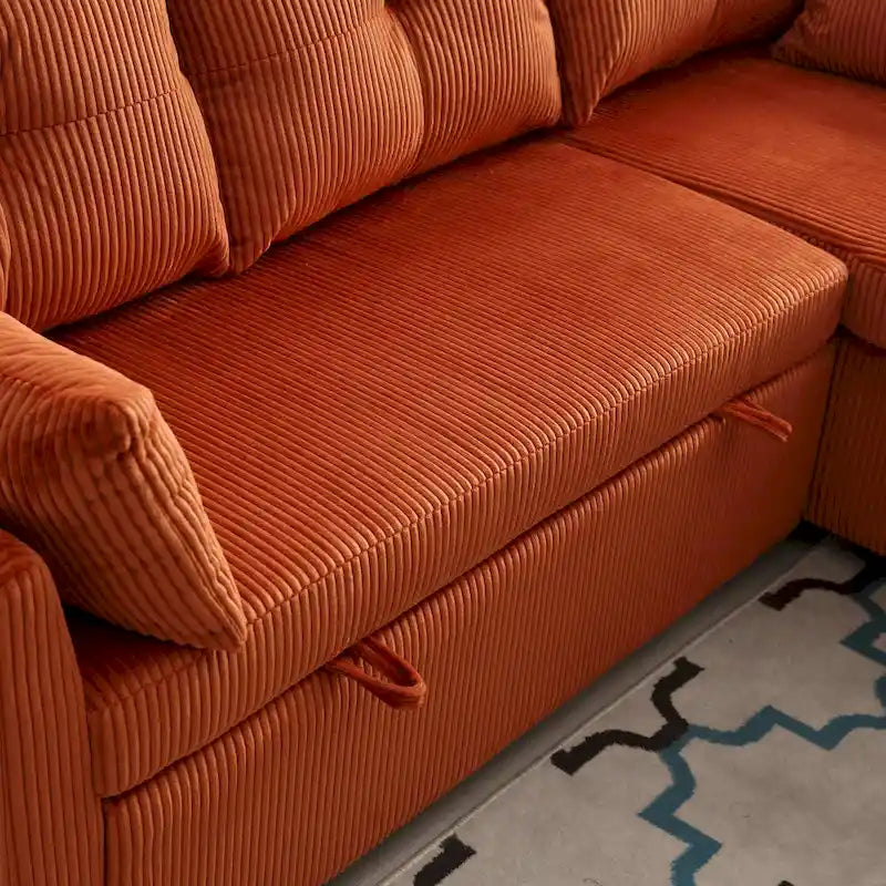 Pomarańczowa sofa narożna z tkaniny 81,1 cala: odwracalny szezlong, schowek, rama z litego drewna i piankowe siedziska