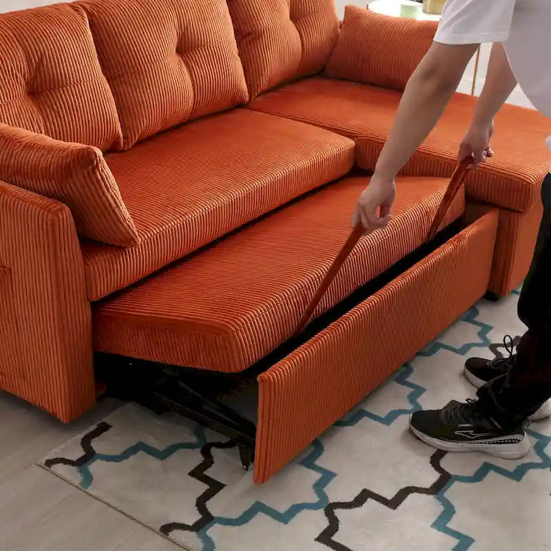 Pomarańczowa sofa narożna z tkaniny 81,1 cala: odwracalny szezlong, schowek, rama z litego drewna i piankowe siedziska